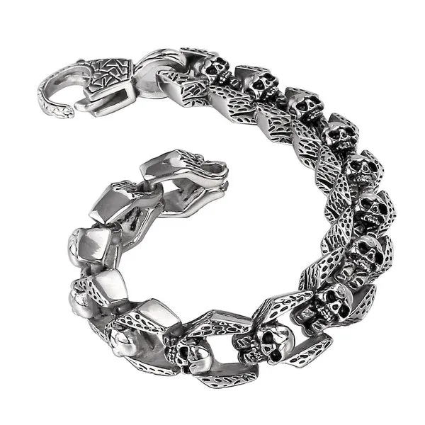 Stainless Steel Multiple Skulls Link Biker Bracelet