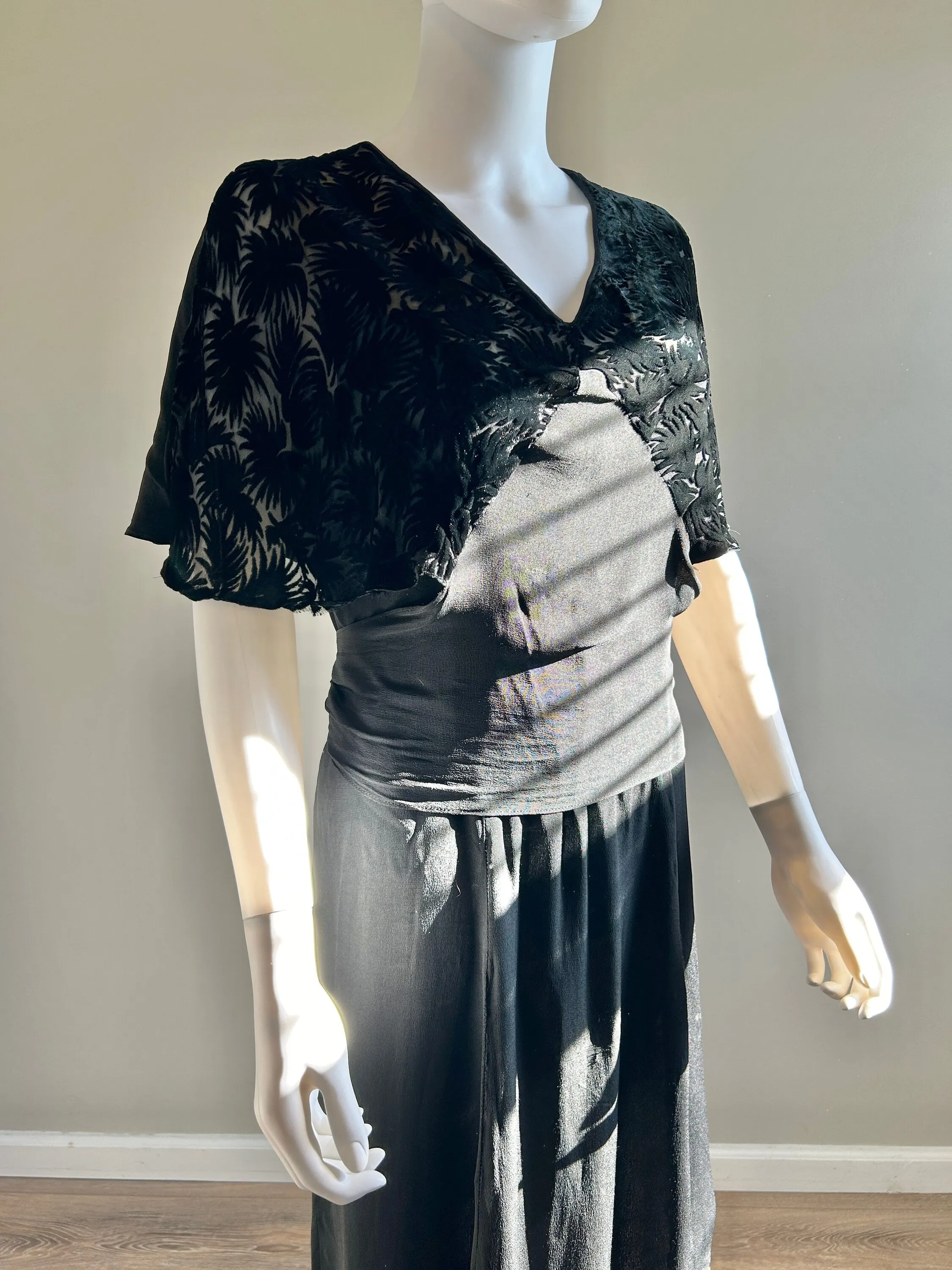 Vintage 1930s Black Rayon Dress with Velvet Caplet / 30s Party Dress / Size L