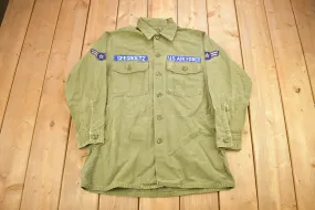 Vintage 1960s OG-107 US Air Force Military Sateen Shirt / US Army Green / Patchwork / Combat Shirt / Seesholtz